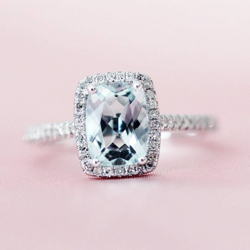 6x8mm Kissen Schnitt 14K Weißgold Ehering Natürliche Blaue Aquamarin Ring Diamant Verlobungsring März Geburtstag Jahrestag von WFHomeElements