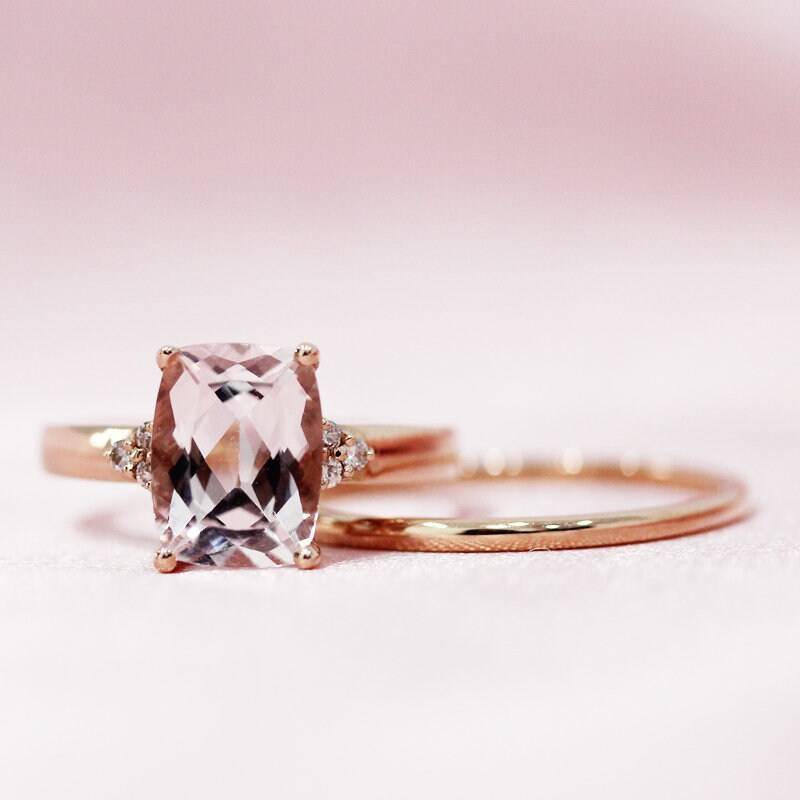 6x8mm Kissenschliff Natürliche Morganit Ring Massiv 14K Rose Gold Hochzeit Set Einfarbig Verlobungsring Braut von WFHomeElements
