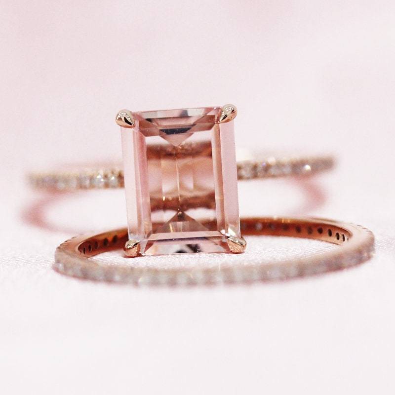 6x8mm Natürliche Rosa Morganit Verlobungsring Braut Set Smaragd Geschnitten Ring Voller Ewigkeit Diamanten Passenden Band 14K Rose Gold Versprechen von WFHomeElements