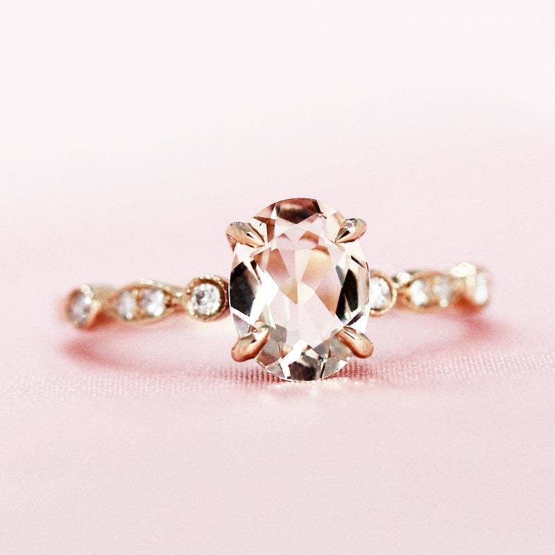 6x8mm Oval Geschnitten Natürlichen Morganit Ring Verlobungsring Massiv 14K Rose Gold Halbe Ewigkeit Diamanten Hochzeit Braut Bandring Versprechen von WFHomeElements