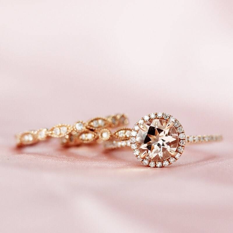 7mm, Die Runde Geschnitten Natürlichen Morganit Ring Set Halo-Ring 14 K Rose Gold Voller Ewigkeit Diamanten Hochzeit Band Braut Gesetzt Versprechen von WFHomeElements