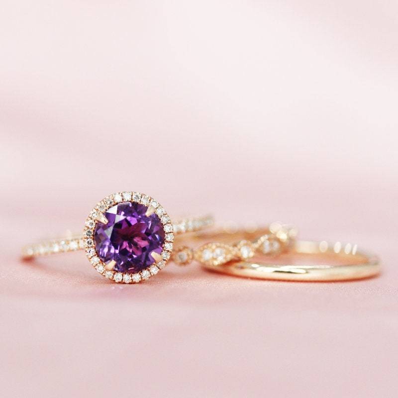 7mm Die Runde Geschnitten Natürlichen Amethyst Ring Set Birthstoine Halo Diamanten Massiv 14 K Rose Gold Jubiläum Braut Gesetzt von WFHomeElements