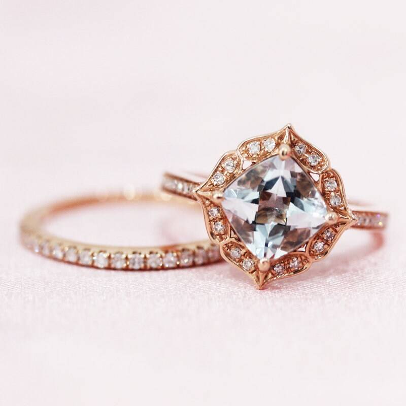 7mm Natürliche Blaue Aquamarin Ringset Aus Massivem 14K Rose Gold Ehering, Die Halbe Ewigkeit Diamanten Ring Set Braut Jubiläumsring von WFHomeElements