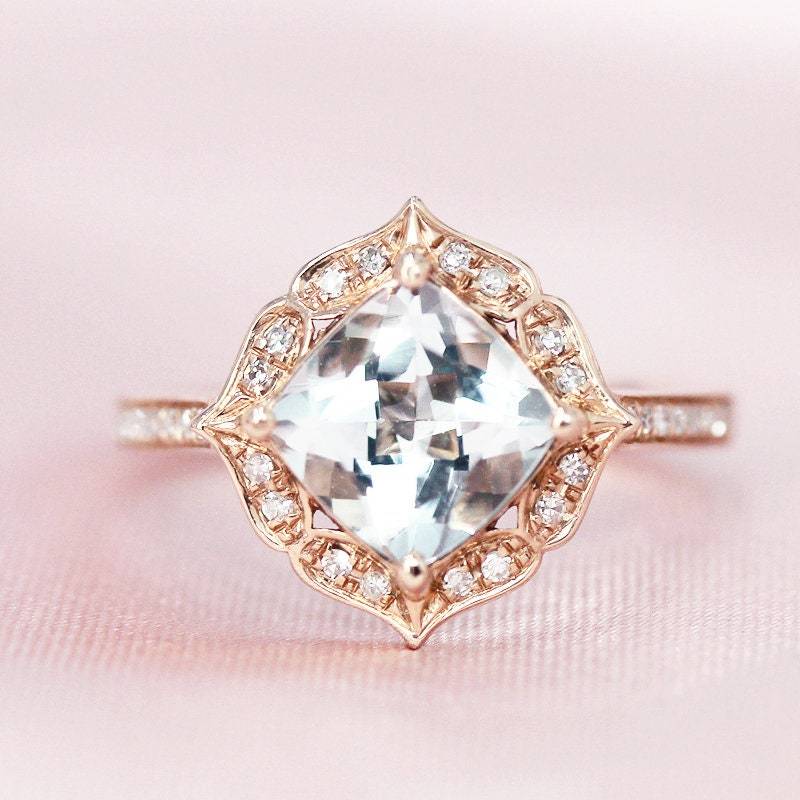 7mm Natürliche Vs Blau Aquamarin Ringkissen Geformt Ehering Diamanten Ring Massiv 14K Rose Gold Verlobungsring März Geburtstagsgeschenk von WFHomeElements