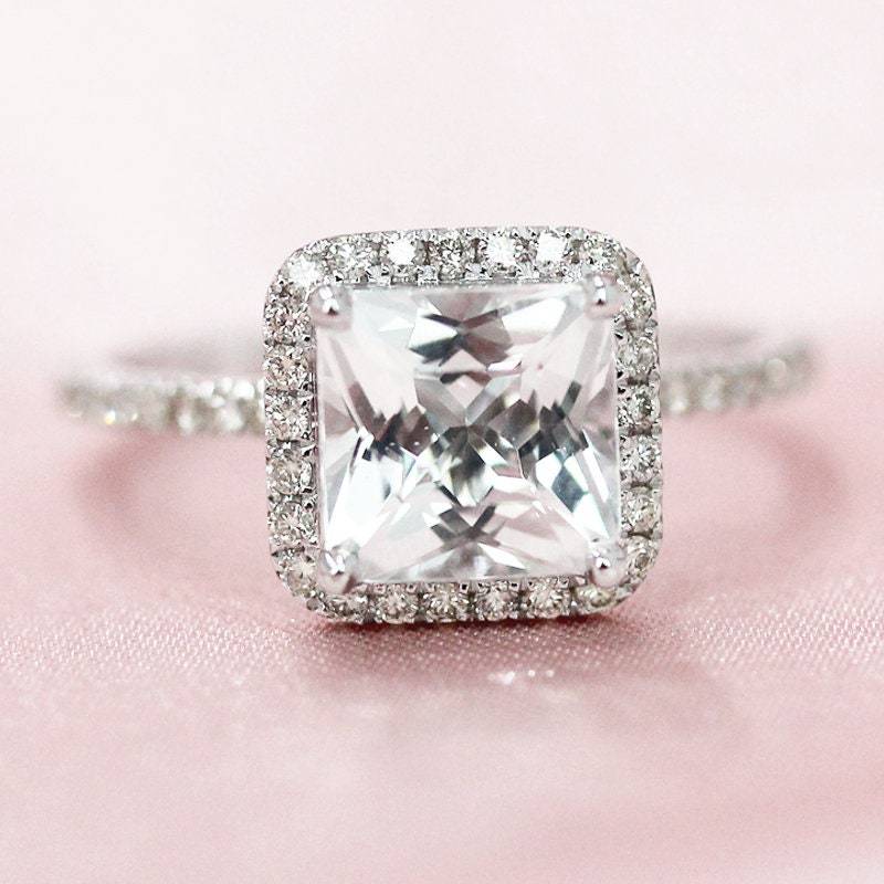 7mm Prinzessin Schnitt Natürlichen Weißen Topas Ring Massiv 14 K Weißgold Ehering Verlobungsring Halo Geburtstag Geschenk Braut Promise von WFHomeElements