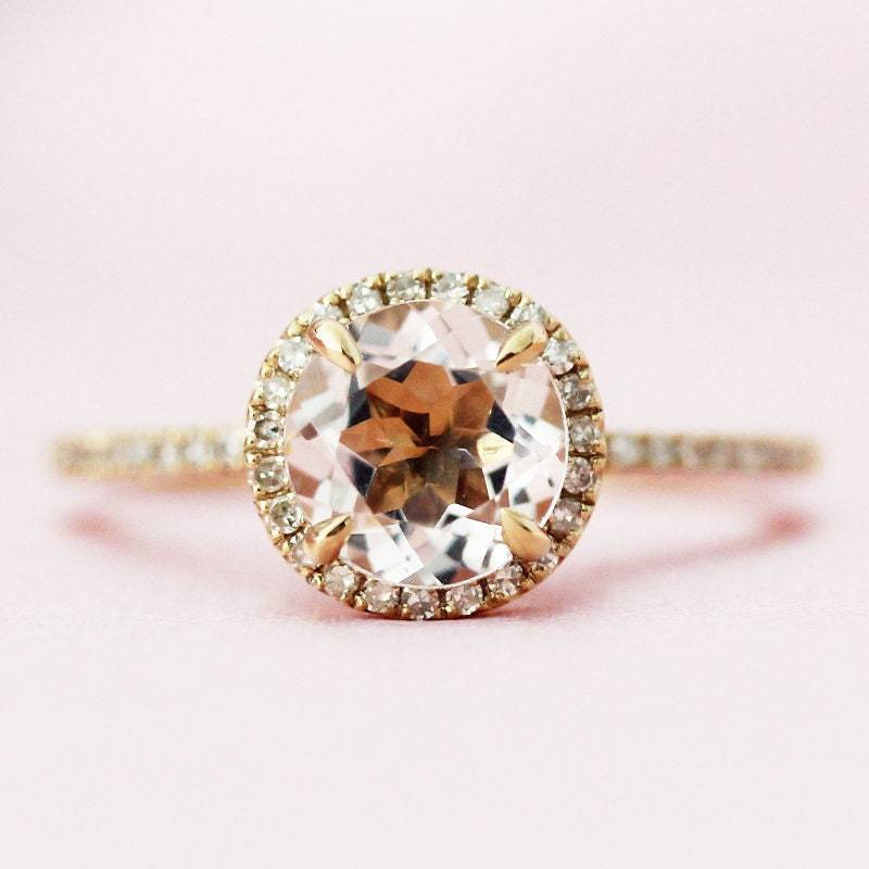 7mm Rund Geschnitten Natürlichen Morganit Ring Diamanten Halo Verlobungsring Massiv 14K Rose Gold Ehering Halbe Ewigkeit Jubiläum von WFHomeElements