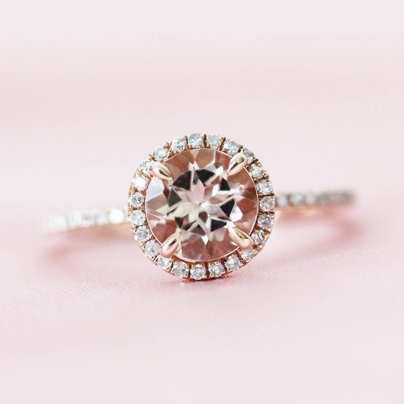 7mm Rund Geschnitten Natürlichen Morganit Ring Diamanten Halo Verlobungsring Massiv 14K Rose Gold Ehering Halbe Ewigkeit Jubiläum von WFHomeElements