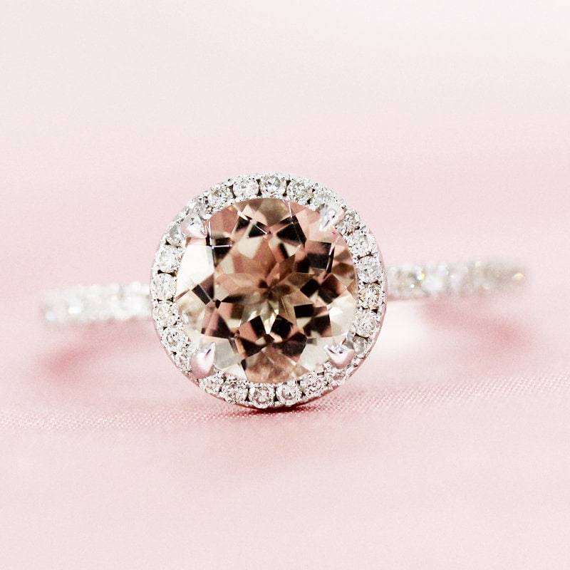 7mm Rund Geschnitten Natürlichen Morganit Ring Diamanten Halo Verlobungsring Massiv 14K Weißgold Ehering Halbe Ewigkeit Versprechen von WFHomeElements
