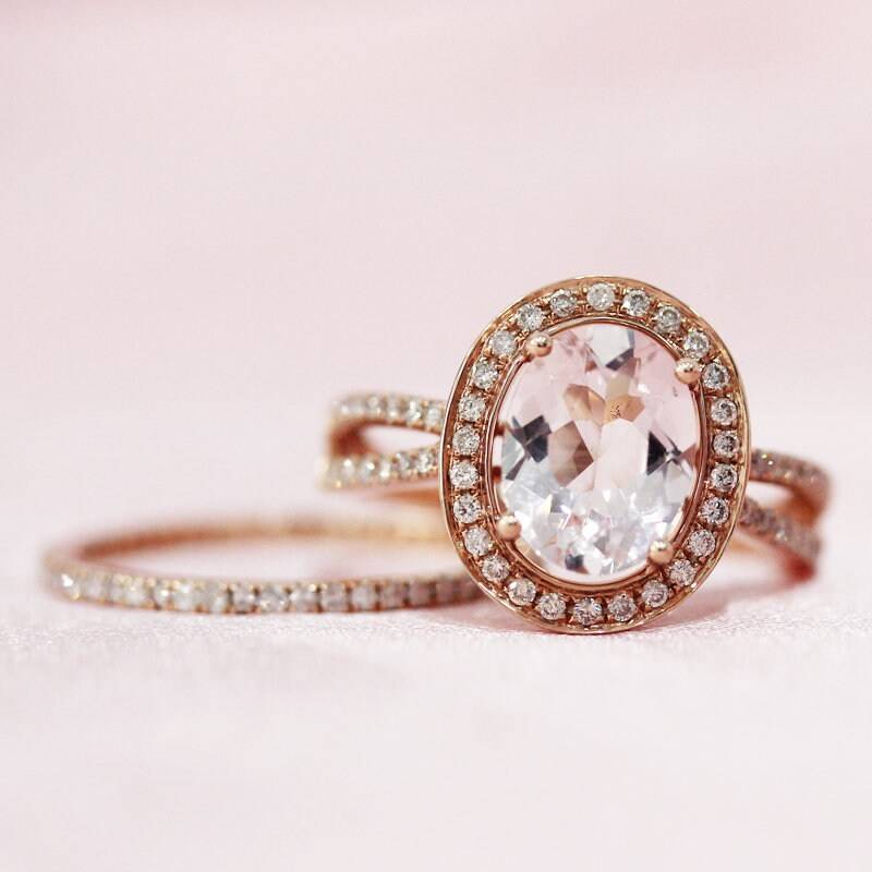 7x9mm, Die Ovale Schnitt Natürliche Morganit Ring-Diamant-Ring Halo-Ring 14K Rose Gold Hochzeit Ring Set Verlobungsring Braut Versprechen von WFHomeElements