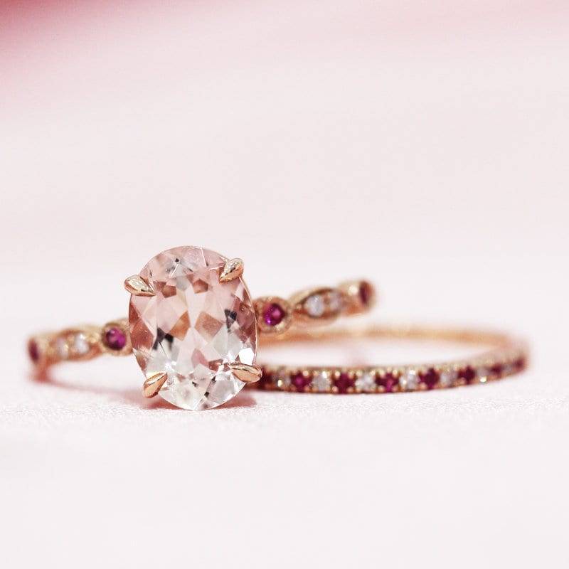 7x9mm Oval Geschnitten Natürlichen Morganit Ring Verlobungsring Echten Rubin Trauring Set 14K Rose Gold Diamanten Jubiläumsring von WFHomeElements