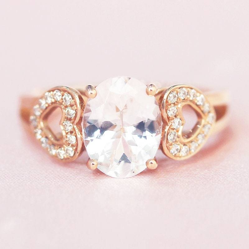 7x9mm Oval Geschnitten Natürlichen Morganit Ring Vintage Herz Design Halbe Ewigkeit Ehering Massiv 14K Rose Gold Verlobungsring Braut von WFHomeElements