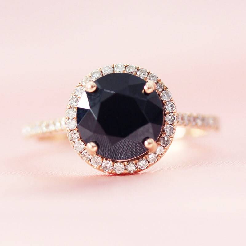 8 Mm Runde Schwarze Spinell Verlobungsring Diamanten Akzent Hochzeit Rigng Halbe Ewigkeit Ring Solide 14 K Rose Gold Brautring Versprechen von WFHomeElements