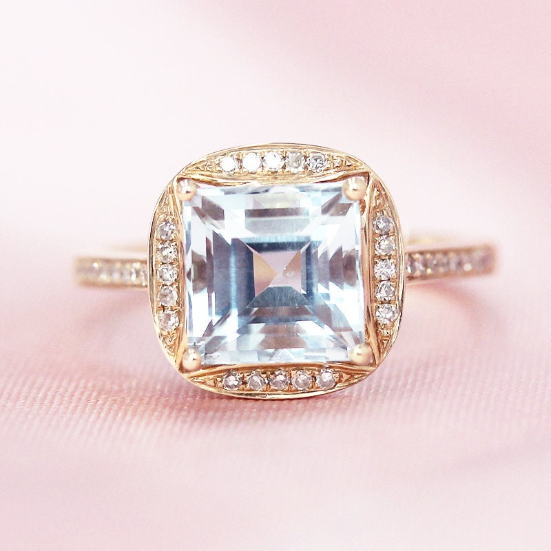 8mm Prinzessin Geformte Natürliche Aquamarin Ring 14K Gelbgold Ehering Diamant Verlobungsring März Geburtstag Geschenk Jahrestagsring von WFHomeElements