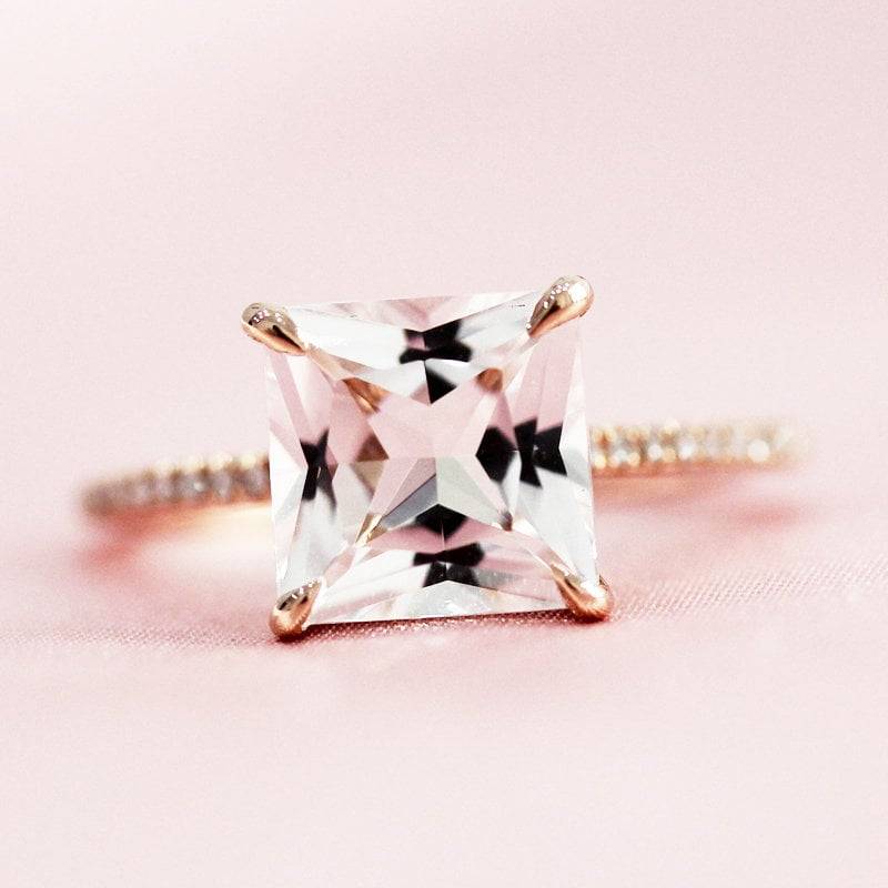 8mm Prinzessin Schnitt Natürliche Morganit Verlobungsring Halbe Ewigkeit Diamanten Ehering Massiv 14K Rose Gold Ring Braut von WFHomeElements