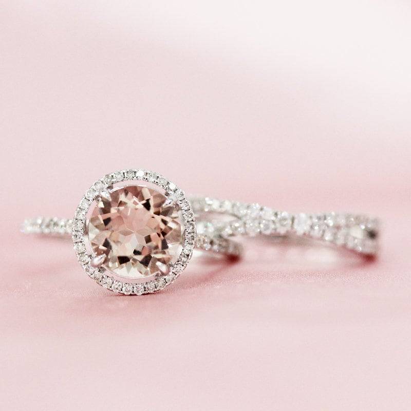 8mm Rund Geschnitten Natürlichen Morganit Ring Set Halo-Ring Halbe Ewigkeit Diamanten Ehering Massiv 14K Weißgold Braut Jubiläum von WFHomeElements