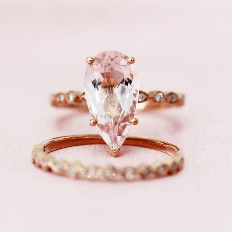 Birne Geschnitten Natürlichen Morganit Ringset Solide 14K Rose Gold Ring Halbe Ewigkeit Diamanten Hochzeit Set Braut Jubiläumsring von WFHomeElements