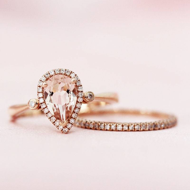 Birnen-Cut 6x9mm, Die Natürliche Morganit Ring Diamanten Halo-Ring 14 K Rose Gold Versprechen Ring, Braut Jubiläumsring Set von WFHomeElements