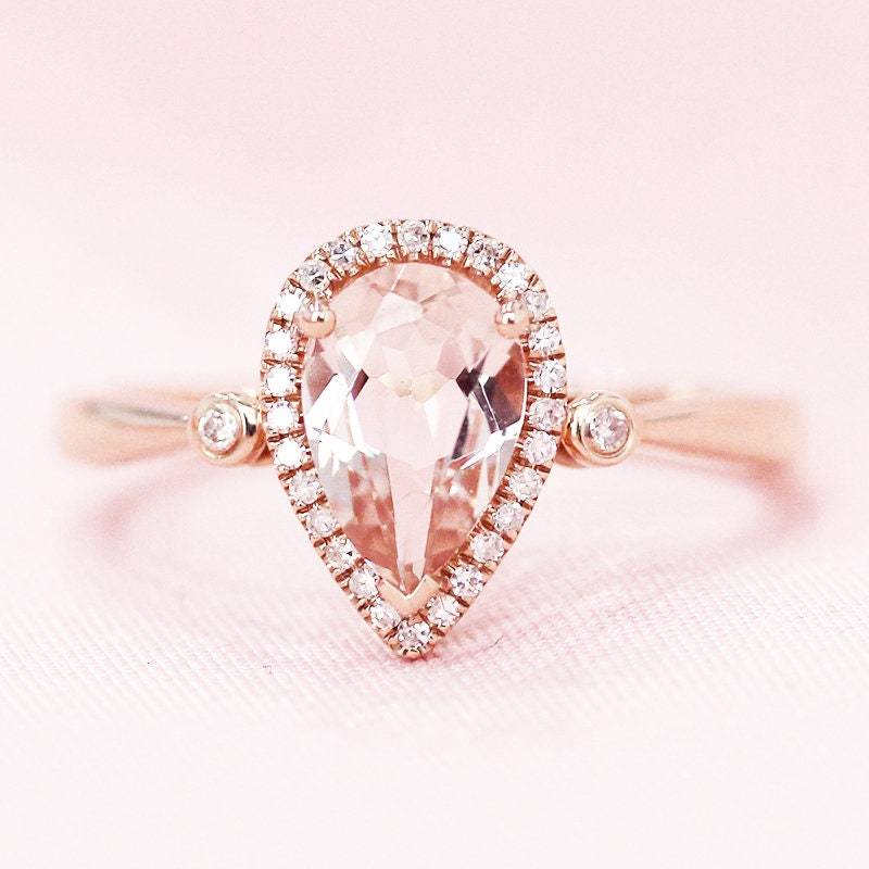 Birnen-Cut 6x9mm Natürliche Rosa Vs Morganit Ehering Diamant Akzent Ring Massiv 14K Rose Gold Verlobungsring Stapelbar Braut von WFHomeElements