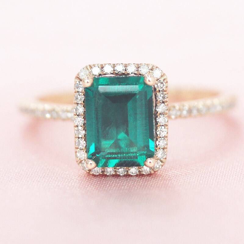 Birthstone 6x8mm Kann Behandelt Smaragd Ring Diamant Akzent Massiv 14 K Gelbgold Verlobungsring Stapelbar Geburtstag Geschenk Braut von WFHomeElements