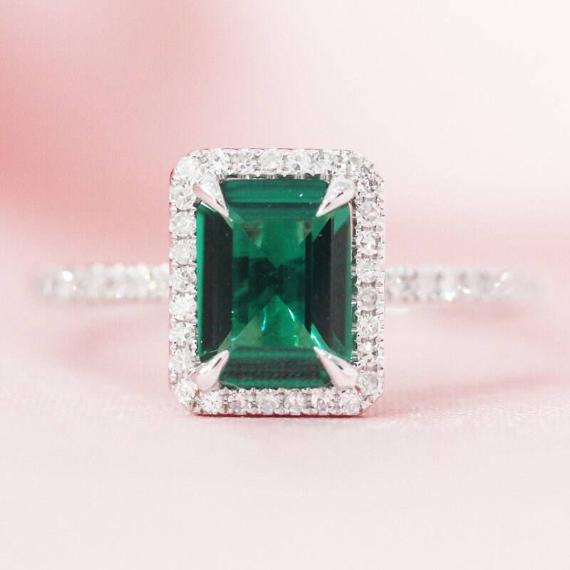 Birthstone 6x8mm Kann Behandelt Smaragd Ring Diamant Akzent Massiv 14 K White Gold Verlobungsring Stapelbar Geburtstag Geschenk Braut von WFHomeElements