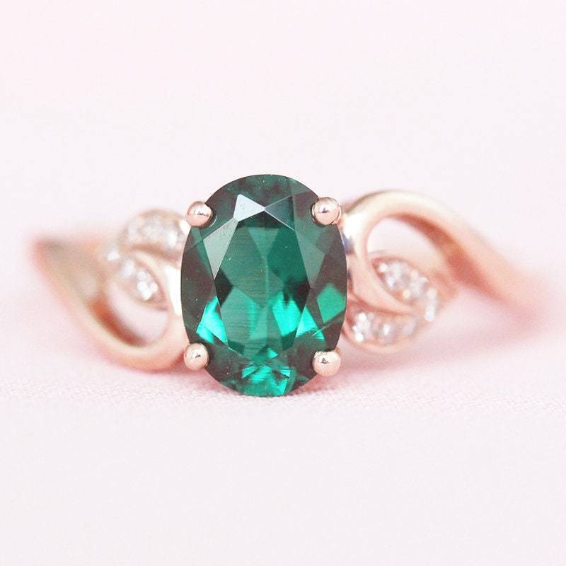 Birthstone 7mm Kann Runde Behandelt Smaragd Verlobungsring Blatt Ehering Diamant Akzent Ring Massiv 14 K Rose Gold Geburtstagsgeschenk von WFHomeElements