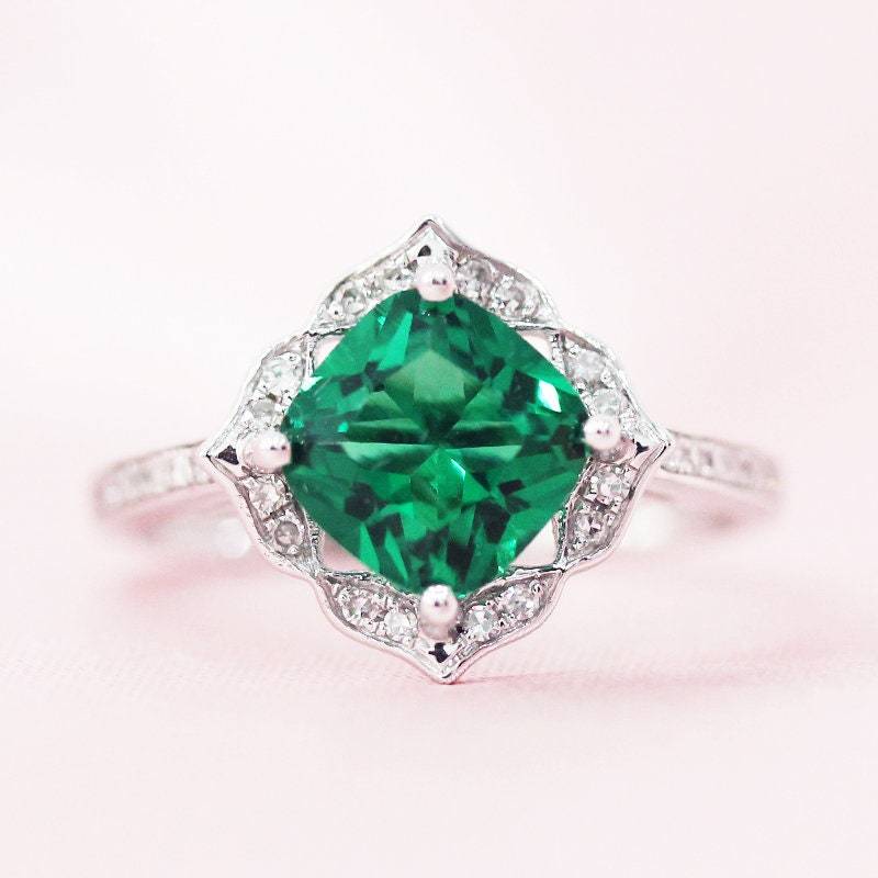 Birthstone 7mm Kissen Kann Behandelt Smaragd Verlobungsring Diamant Akzent Massiv 14 K Weißgold Ehering Jubiläum Ring Versprechen Schneiden von WFHomeElements