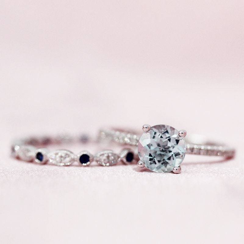 Blaue Edelstein-Ring Set Aquamarin & Saphir-Ring 6, 5 Mm, Die Roung Schnitt Natürlicher Aquamarin-Ring Massiv 14 K Weißgold Ring Braut von WFHomeElements