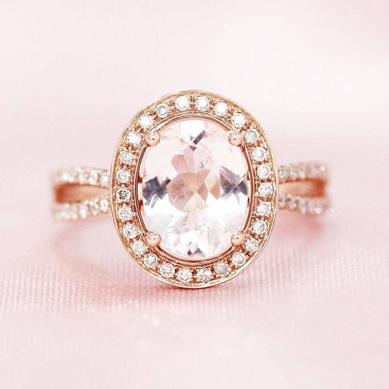 Diamant-Halo-Ring-7x9mm-Oval Geschnitten Natürlichen Rosa Morganit Ring 14K Rose Gold Verlobungsring Ehering Jahrestag von WFHomeElements