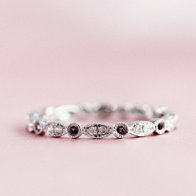 Diamant & Amethyst Ehering Massiv 14K White Gold Verlobungsring Voller Ewigkeit Ring Band Birthstone Stapelbar Passende von WFHomeElements