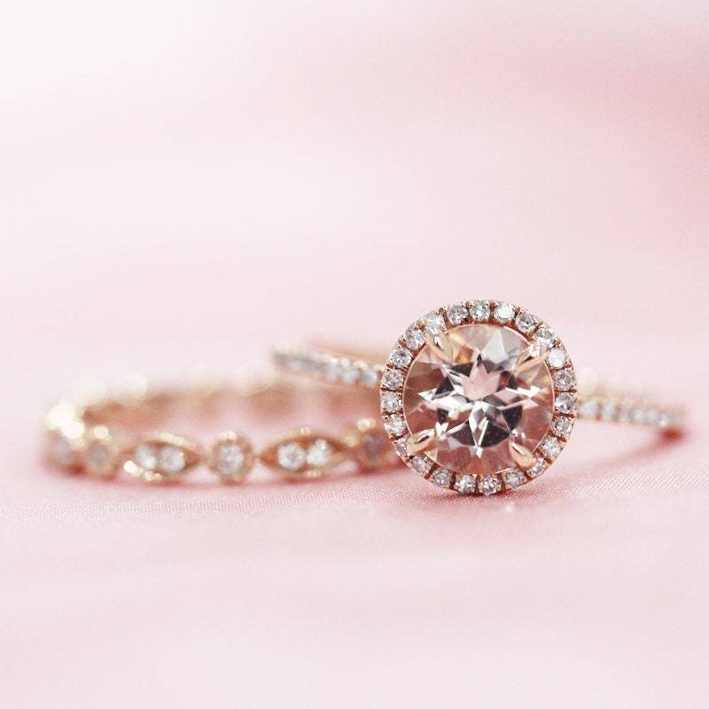 Diamanten-Halo-Ring 7mm Rund Geschnitten Natürlichen Morganit Ring Verlobungsring 14K Rose Gold Braut Set Diamanten Band Versprechen von WFHomeElements