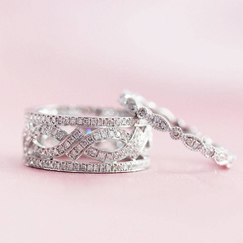 Diamanten Hochzeit Ring Set Massiv 14K Weißgold Voller Ewigkeit Verlobungsring Jubiläum von WFHomeElements