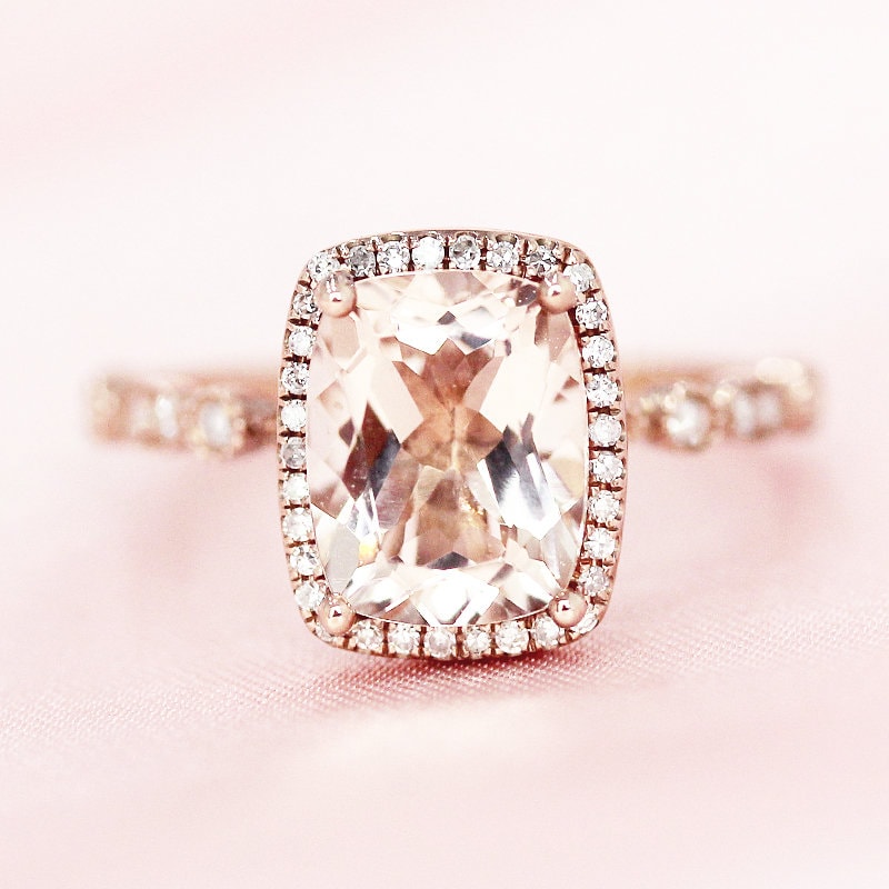 Diamantring Halo Ring 7x9mm Kissen Geschnitten Natürlichen Morganit Halbe Ewigkeit 14K Rose Gold Ehering Verlobungsring Braut von WFHomeElements