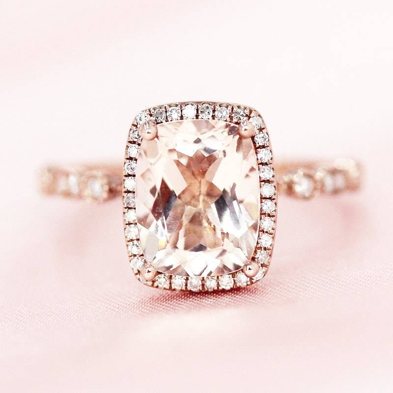 Diamantring Halo Ring 7x9mm Kissen Geschnitten Natürlichen Morganit Halbe Ewigkeit 14K Rose Gold Ehering Verlobungsring Braut von WFHomeElements