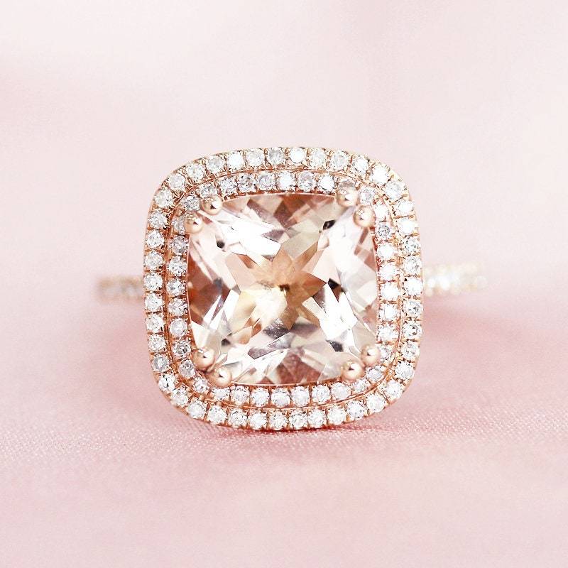 Doppel Halo Ring Massiv 14K Rose Gold 9mm Kissen Geschnitten Vs Rosa Morganit Verlobungsring Natürlichen Diamanten Jäten Jubiläumsring von WFHomeElements