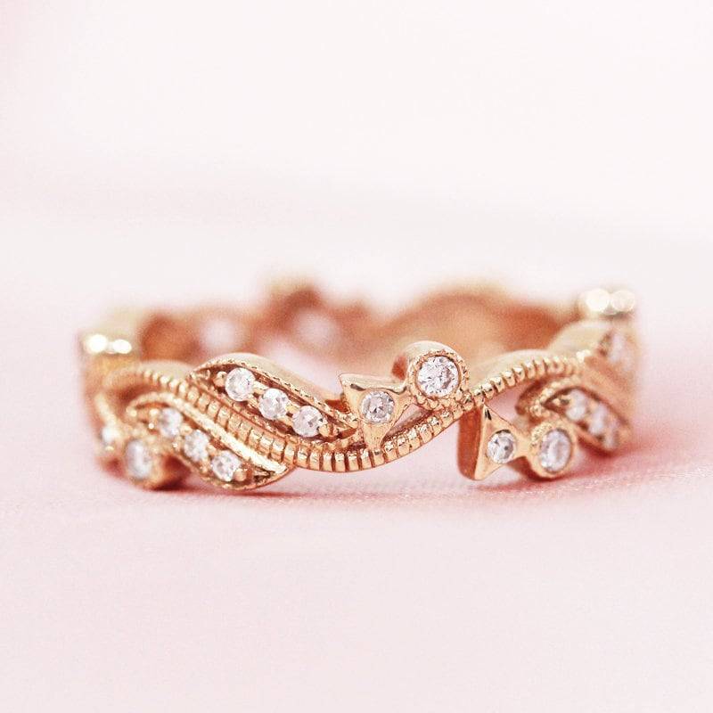 Einzigartigen Stil Vintage Diamanten Voller Ewigkeit Ehering Floral Verdrehte Solide 14K Rose Gold Band Versprechen Ring Stapelbar Passende von WFHomeElements