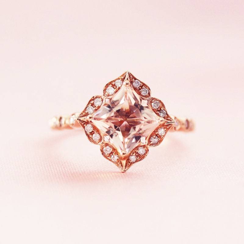 Einzigartiges Design Kissenschliff 8mm Natürliche Rosa Vs Morganit Verlobungsring Massiv 14K Rose Gold Ehering Diamant Ring Jubiläumsring von WFHomeElements