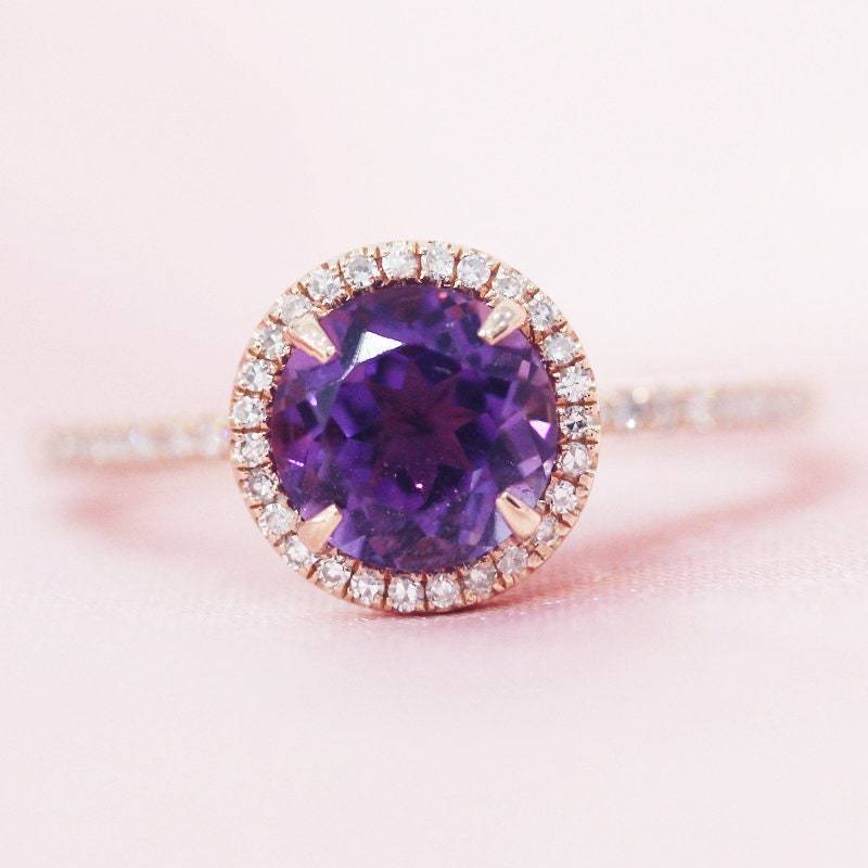 Februar Birthstone Ring 7mm Runde Natürliche Lila Vs Amethyst Verlobungsring Diamanten Ehering Massiv 14K Rose Gold Geburtstagsgeschenk von WFHomeElements
