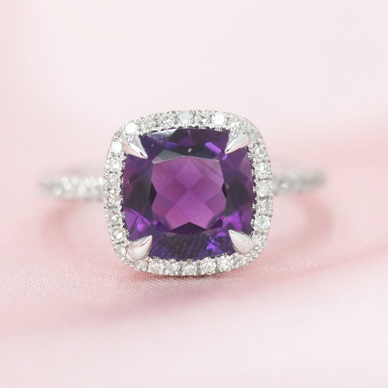 Februar Kissenschliff Birthstone 8mm Natürlichen Lila Vs Amethyst Ring Diamanten Akzent Massiv 14K Weißgold Verlobungsring Promise von WFHomeElements