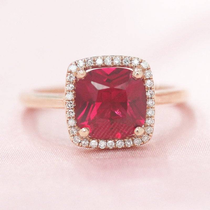 Große Juwel 8mm Cushion-Schliff Behandelt Rubin Ring 14K Rose Gold Ehering Coloful Edelstein Verlobungsring Diamant Juli Geburtsstein von WFHomeElements