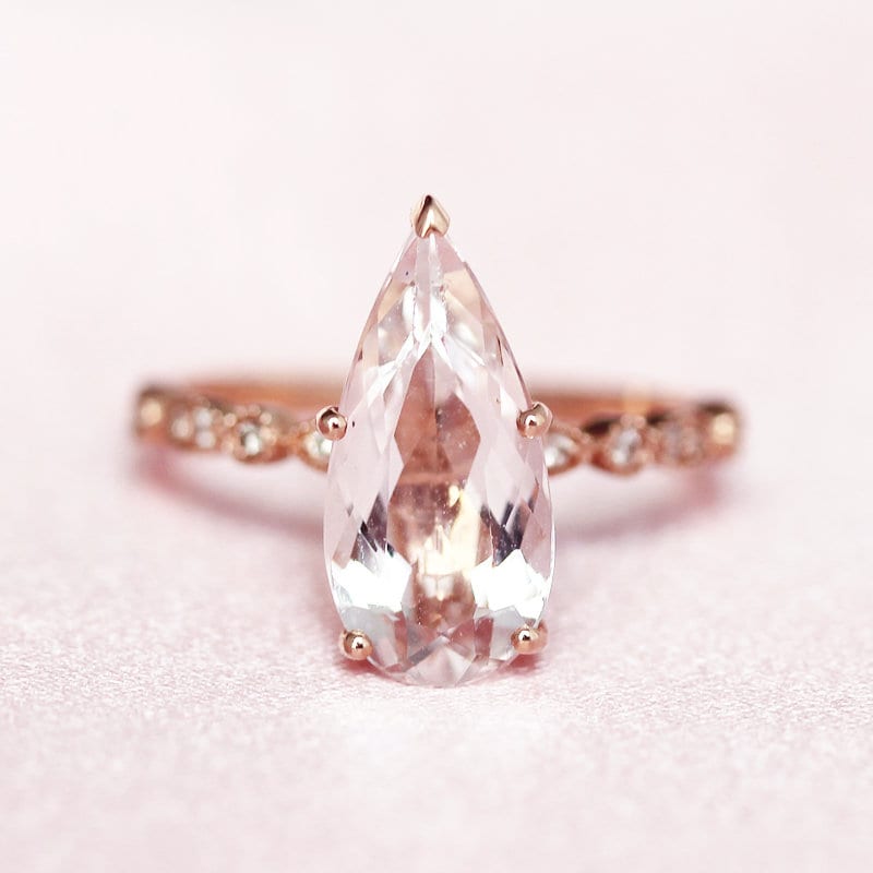 Großer Edelstein Ring 8x12mm Birne Geschnitten Natürlichen Morganit Diamant Ehering Massiv 14K Rose Godld Verlobungsring Braut Jahrestag von WFHomeElements