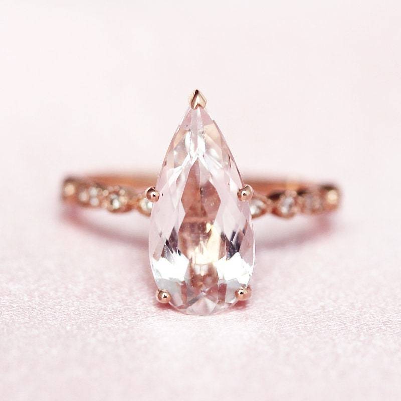 Großer Edelstein Ring 8x12mm Birne Geschnitten Natürlichen Morganit Diamant Ehering Massiv 14K Rose Godld Verlobungsring Braut Jahrestag von WFHomeElements