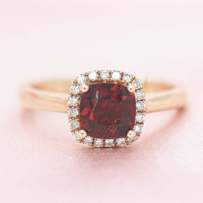 Januar Kissenschliff Birthstone 6mm Natürliche Rote Vs Granat Ring Massiv 14K Rose Gold Ehering Diamant Verlobungsring Geburtstagsgeschenk von WFHomeElements