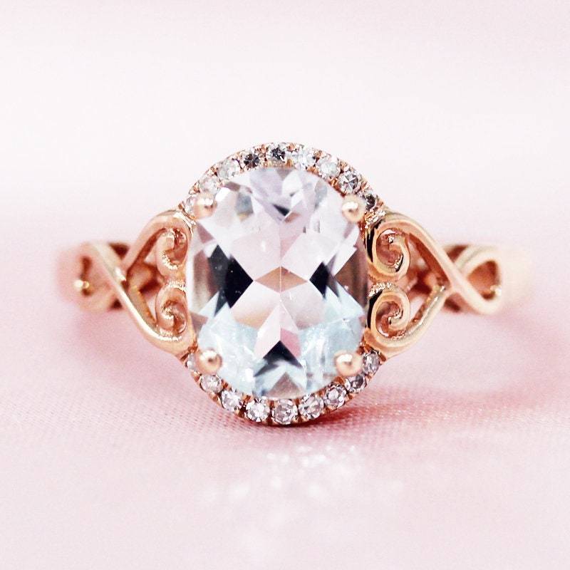 März Birthstone 7x9mm, Die Natürliche Licht Blau Aquamarin Verlobungsring Oval Ring Geschnitten Diamanten Massiv 14 K Rose Gold Jubiläumsring von WFHomeElements