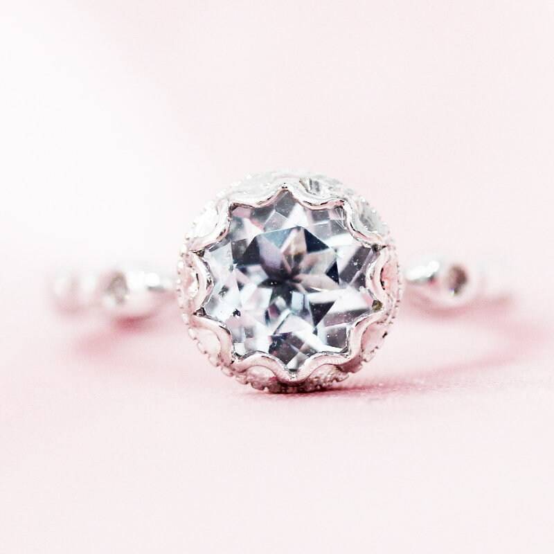 März Birthstone Ring Vintage-stil 7mm Runde Natürliche Licht Blau Vs Aquamarin Verlobungsring Diamanten Massiv 14K Weißgold von WFHomeElements