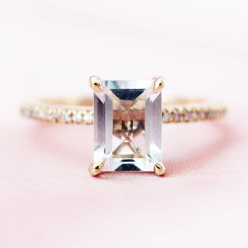 März Smaragdschliff Birthstone 6x8mm Vs Licht Blau Aquamarin Verlobungsring Massiv 14K Gelb Gold Ring Diamant Ring, Braut Versprechen von WFHomeElements