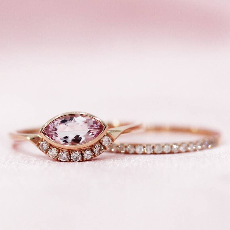 Marquise Geschnitten Morganit Ring 4x8mm Rosa Edelstein Diamant Ringset Solide 14K Rose Gold Ehering Verlobungsring Set Braut von WFHomeElements