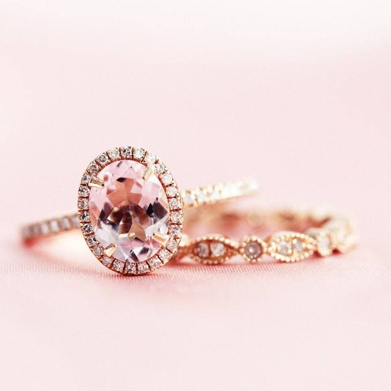 Morganit Ringset Solide 14K Rose Gold Ring Verlobungsring 6x8mm Oval Geschnitten Set Halo Diamanten Braut Versprechen von WFHomeElements