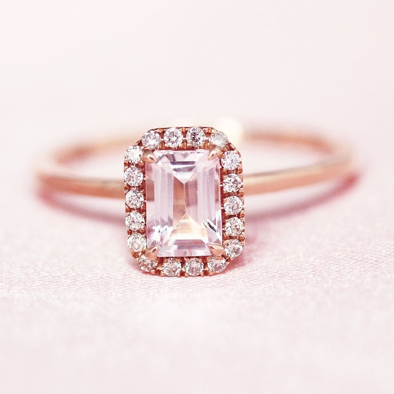 Morganit Smaragdschliff Verlobungsring Natürlichen Ring Diamanten Halo Massiv 14K Rose Gold Ehering Braut von WFHomeElements