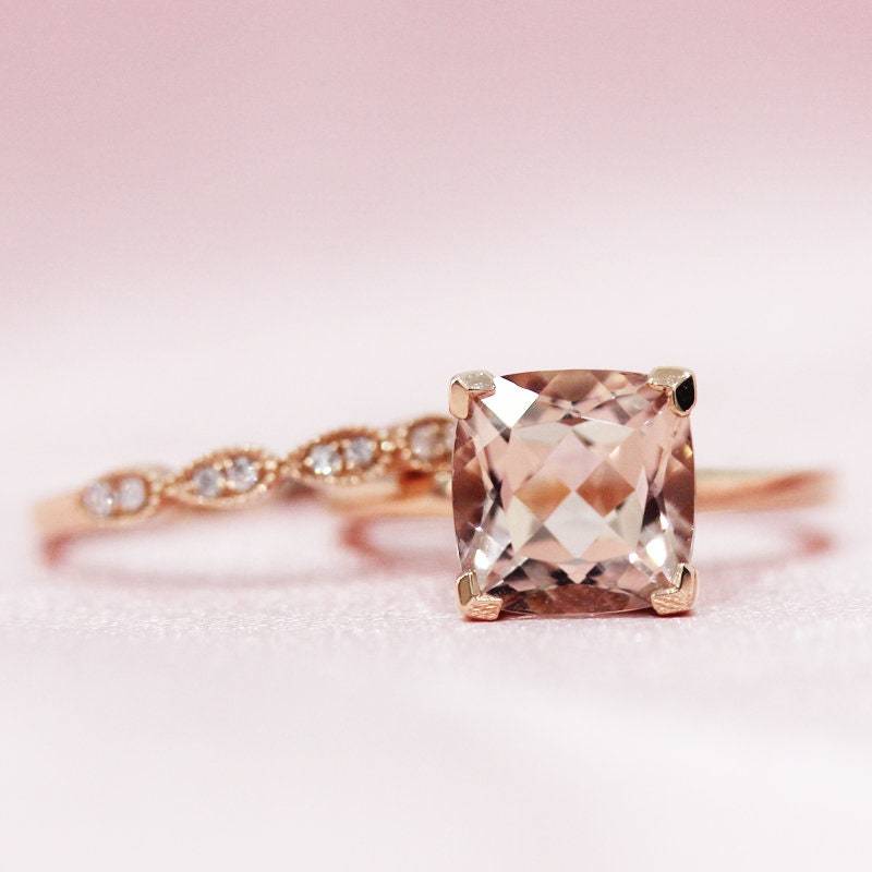 Morganit Verlobungsring 6mm Kissen Geschnitten Natürlichen Ring 14K Rose Gold Set Halbe Ewigkeit Diamanten, Die Passende Braut Bandring von WFHomeElements