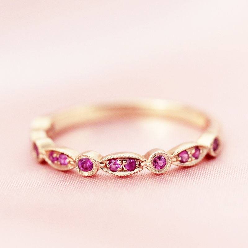 Natürliche Rubin Halbe Ewigkeit Ehering Juli Birthstone Ring Massiv 14 K Rose Gold Verlobungsring Geburtstag Gigt Birdal Jubiläum von WFHomeElements